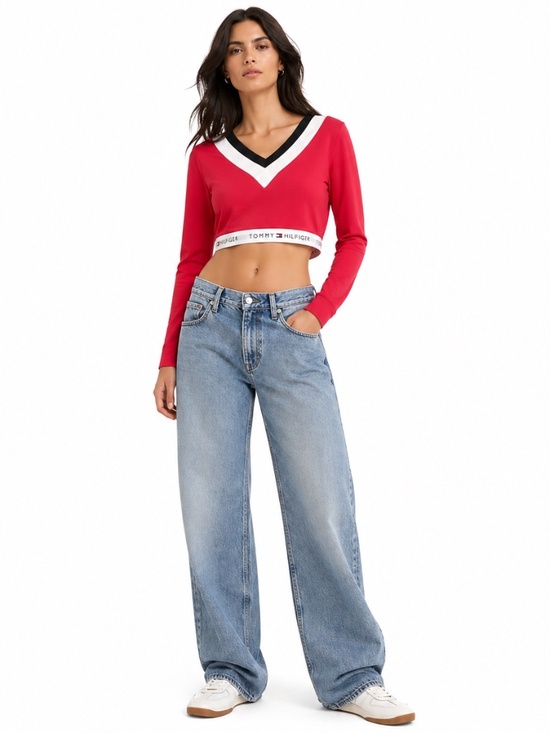 Tommy Hilfiger Tops - Vintage Tommy Hilfiger Red Cropped V-Neck French Terry Long Sleeve – Medium EUC
